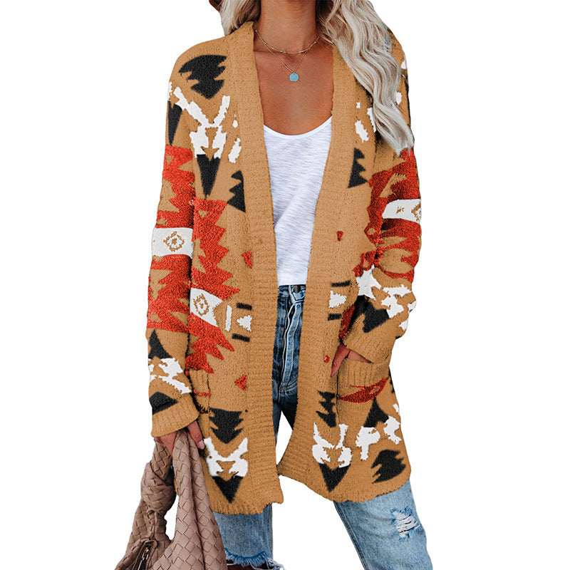 Wholesale Knitted Polyester Fiber Medium Length Sweater Cardigan